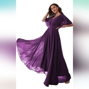 Plus size bridesmaids dress chiffon long Vneck short sleeves drawstring closure